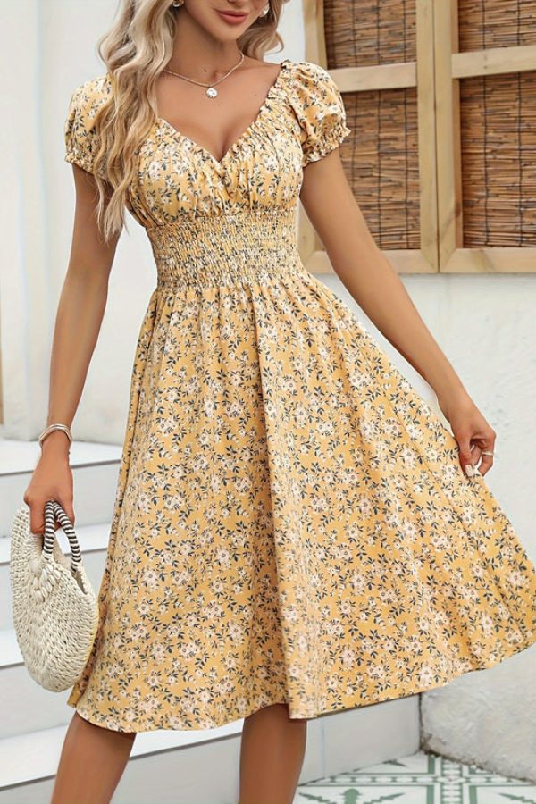 Liana's Sweetheart Puff Sleeve Floral Midi Dress