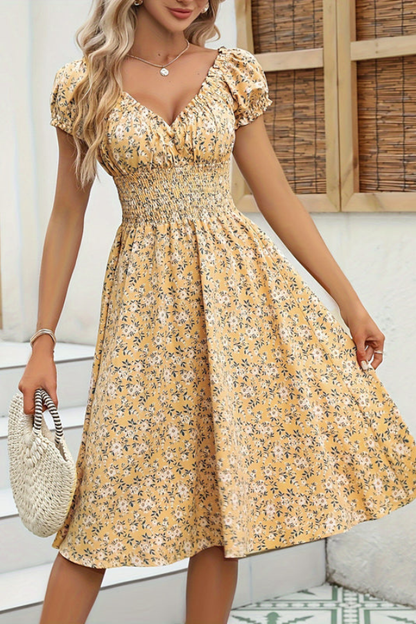 Liana's Sweetheart Puff Sleeve Floral Midi Dress