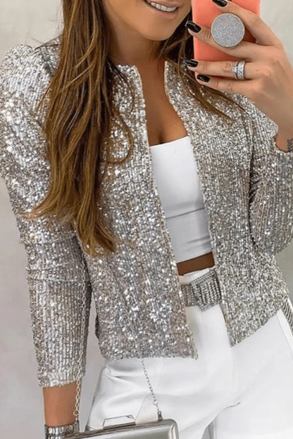 Liana's Collarless Sequin Open-Front Blazer