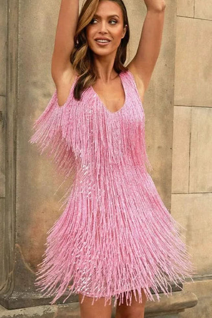 Liana's V-Neck Fringe Sequin A-Line Mini Dress
