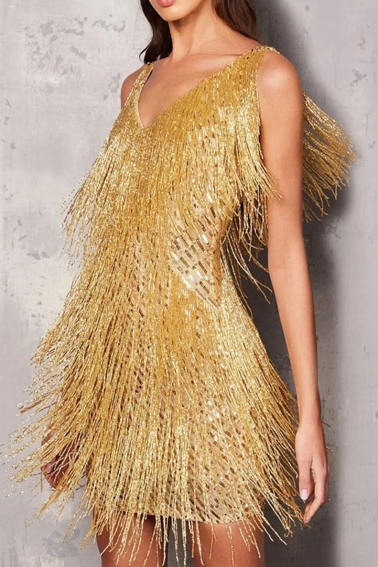 Liana's V-Neck Fringe Sequin A-Line Mini Dress