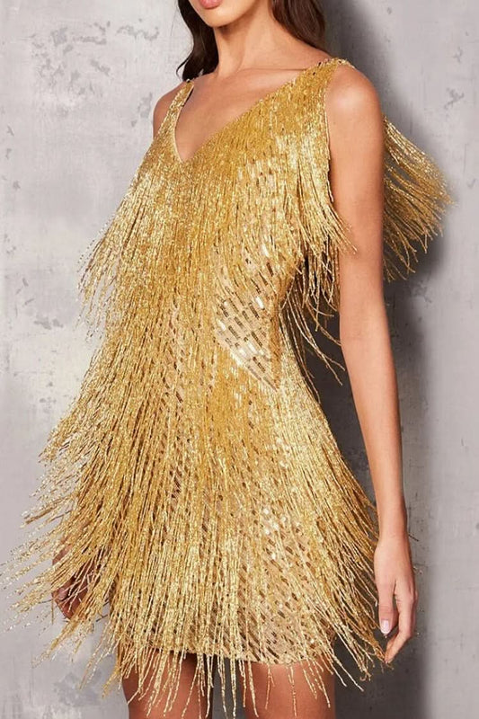 Liana's V-Neck Fringe Sequin A-Line Mini Dress