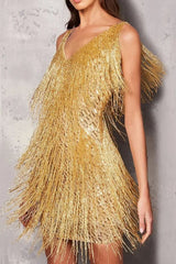 Liana's V-Neck Fringe Sequin A-Line Mini Dress