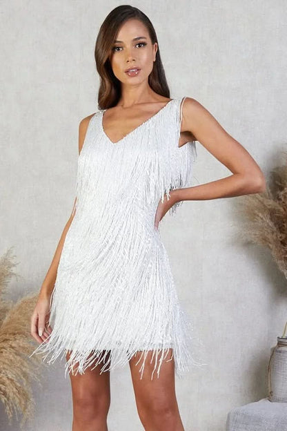 Liana's V-Neck Fringe Sequin A-Line Mini Dress