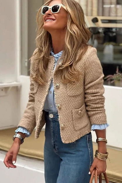 Liana's Fitted Button-Front Tweed Cropped Blazer