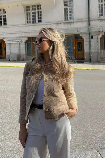 Liana's Fitted Button-Front Tweed Cropped Blazer