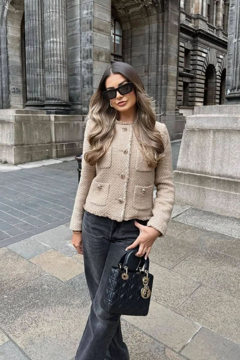 Liana's Fitted Button-Front Tweed Cropped Blazer