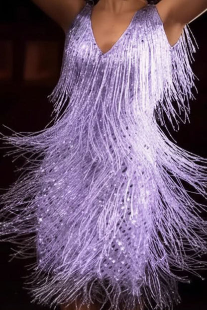 Liana's V-Neck Fringe Sequin A-Line Mini Dress