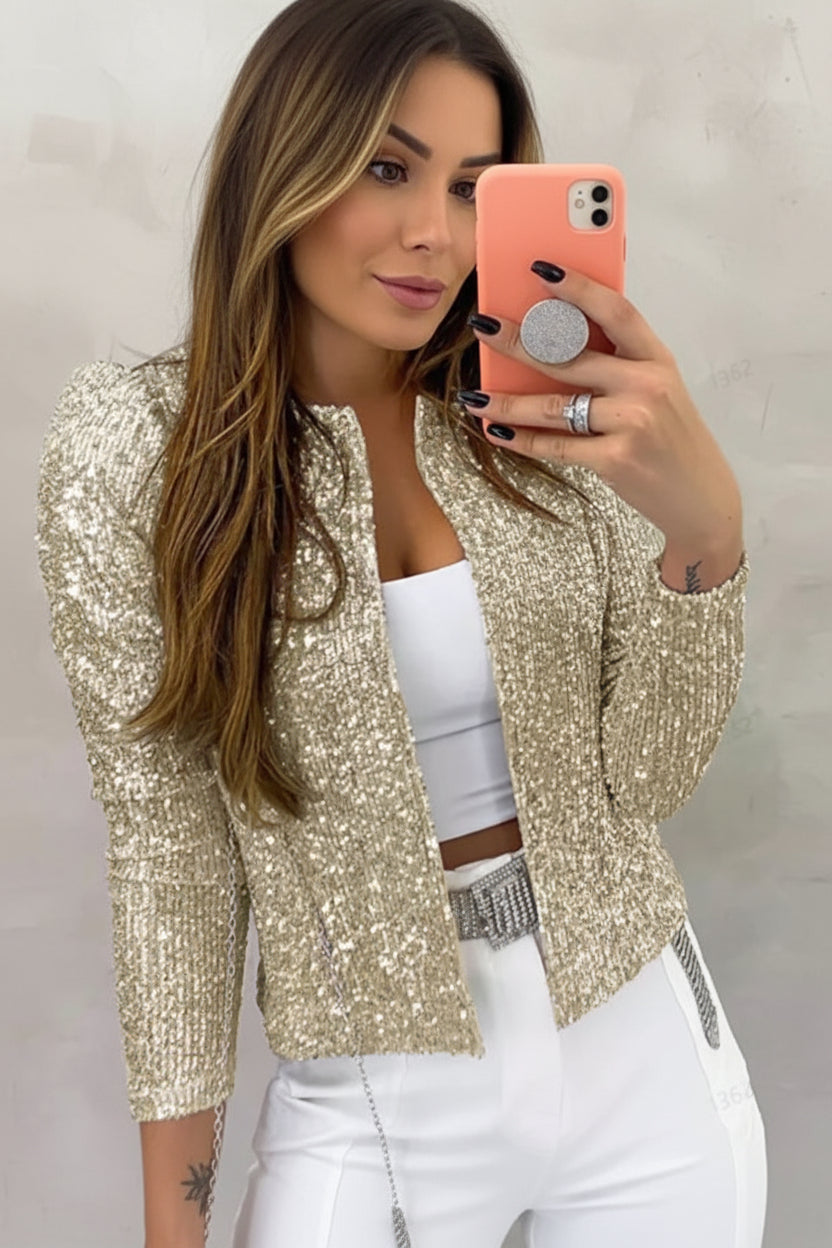 Liana's Collarless Sequin Open-Front Blazer